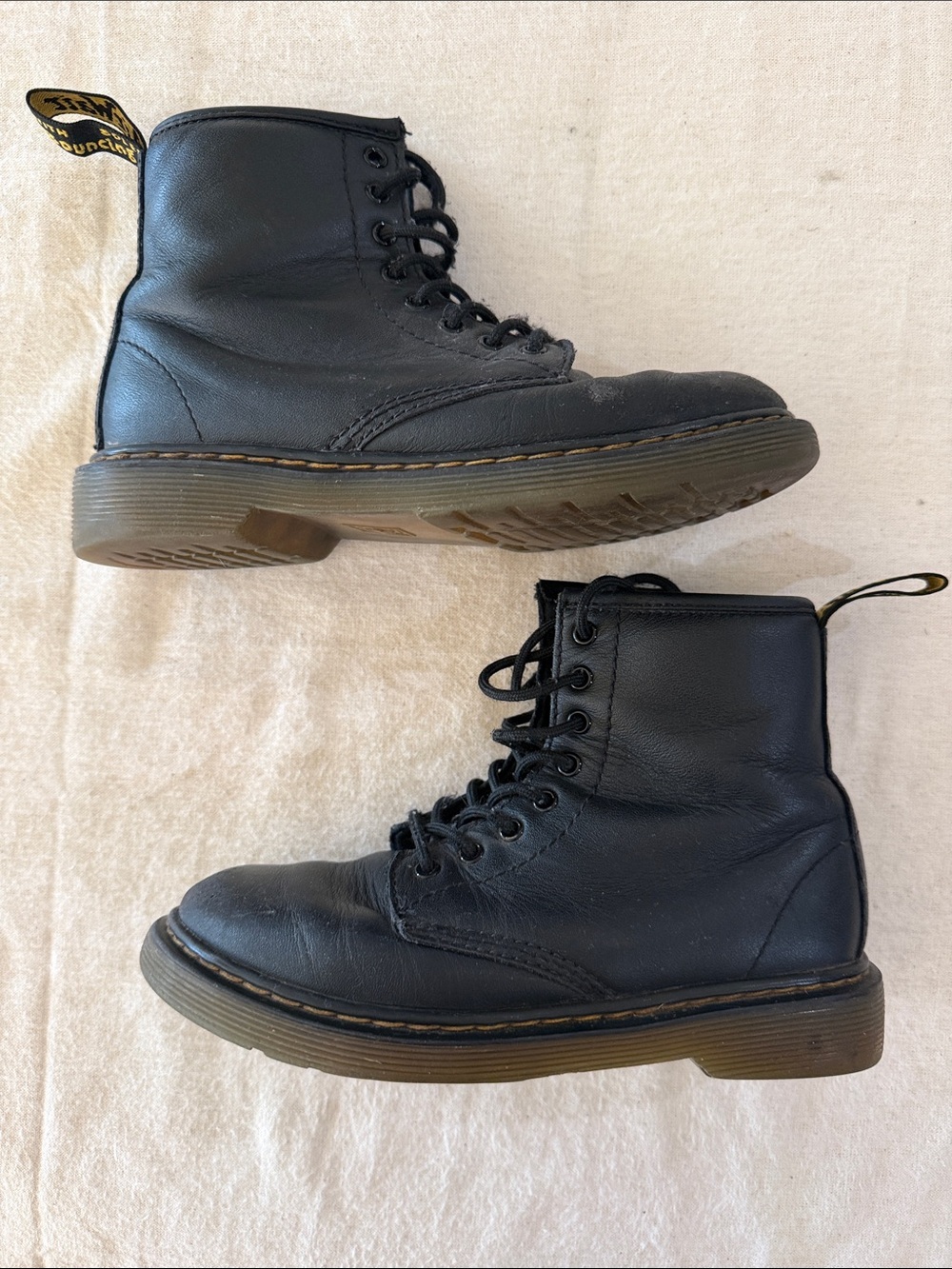 Dr. Martens Black Leather 8-Eye Combat Boots with Yellow Heel Loop kids size 1